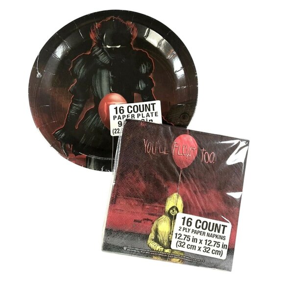 It Pennywise 32 Piece Party Pack Paper Plates Napkins Clown Horror Movie NEW - Picture 2 of 7